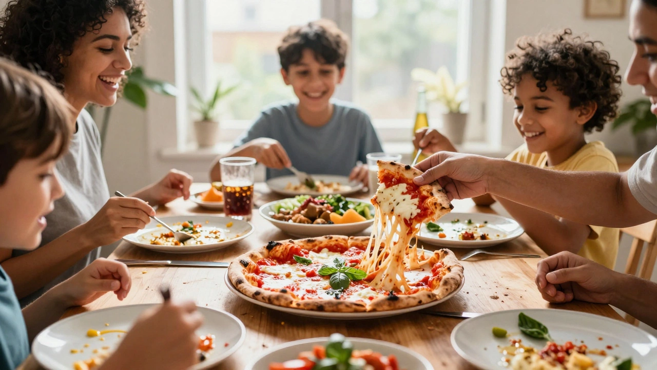 Family sharing a pizza at a sunlit dining table