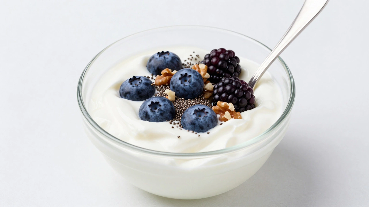Greek yogurt bowl topped with berries, chia seeds, and walnuts.