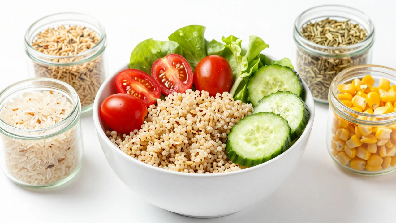Healthy grain bowl with quinoa, vegetables, and raw rice and corn