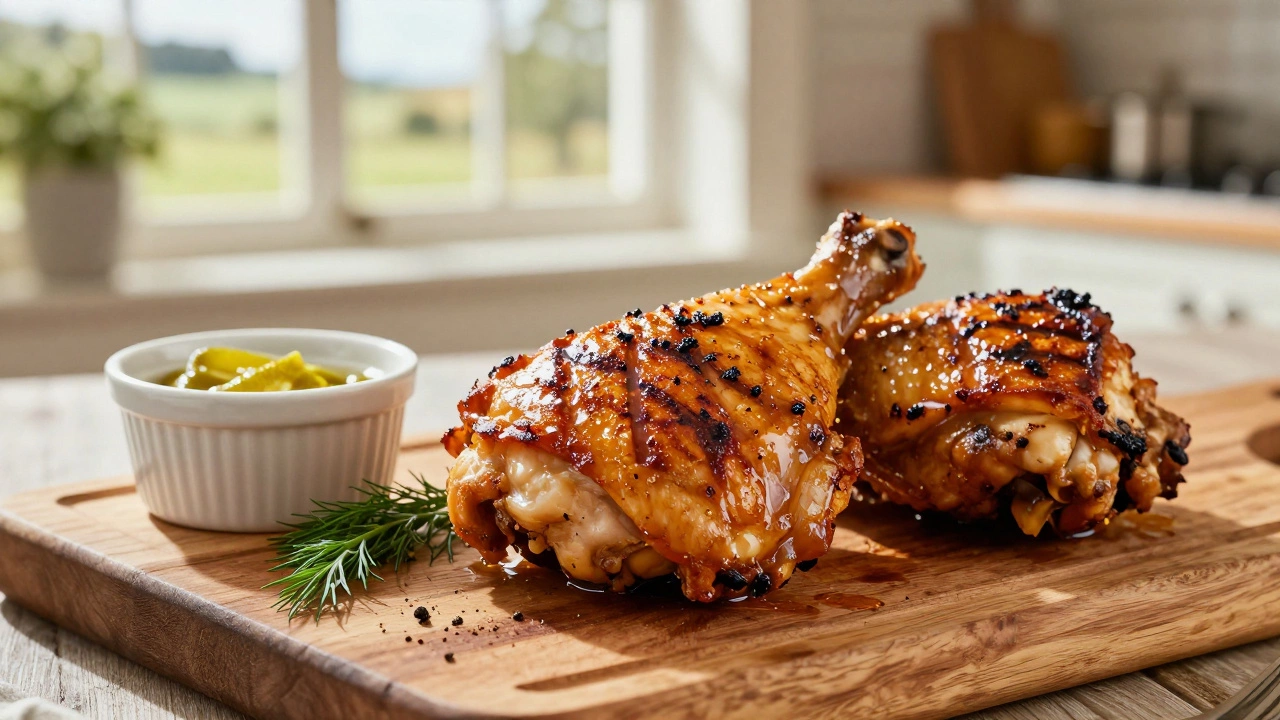 Juicy grilled chicken thighs on wood board with dill and pickle juice.