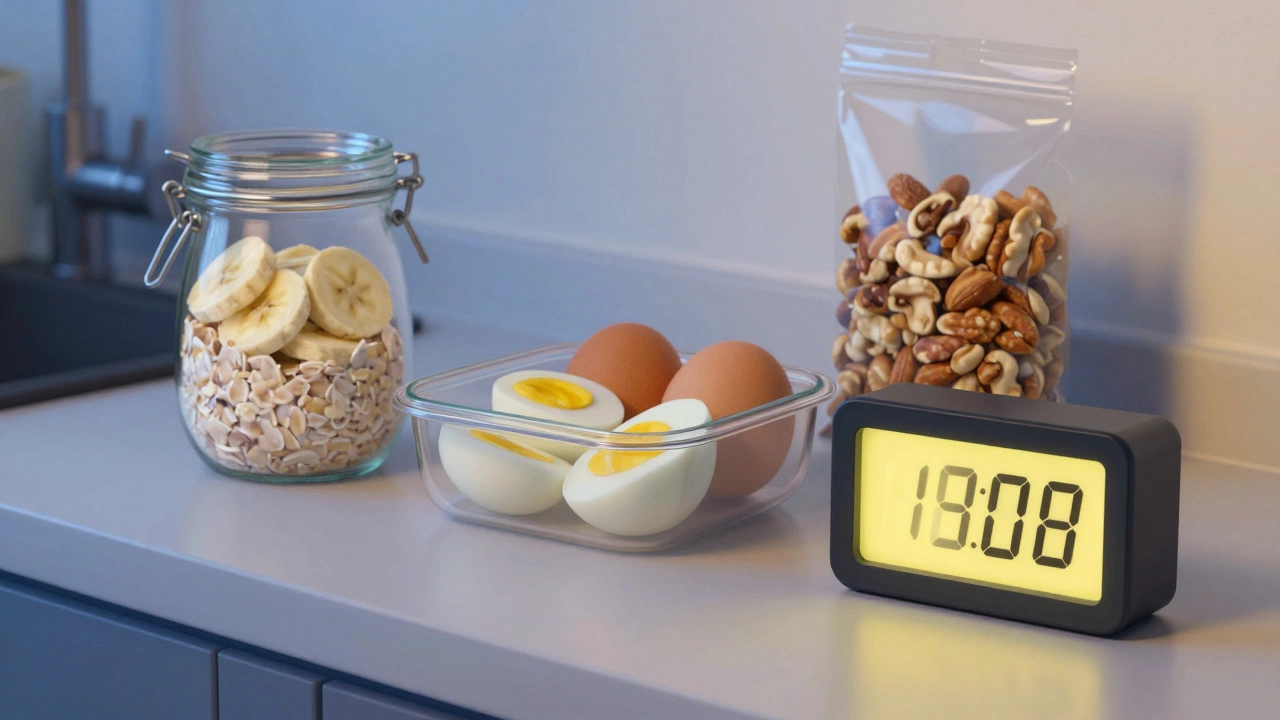 Kitchen counter with prepped healthy breakfast ingredients and a clock.