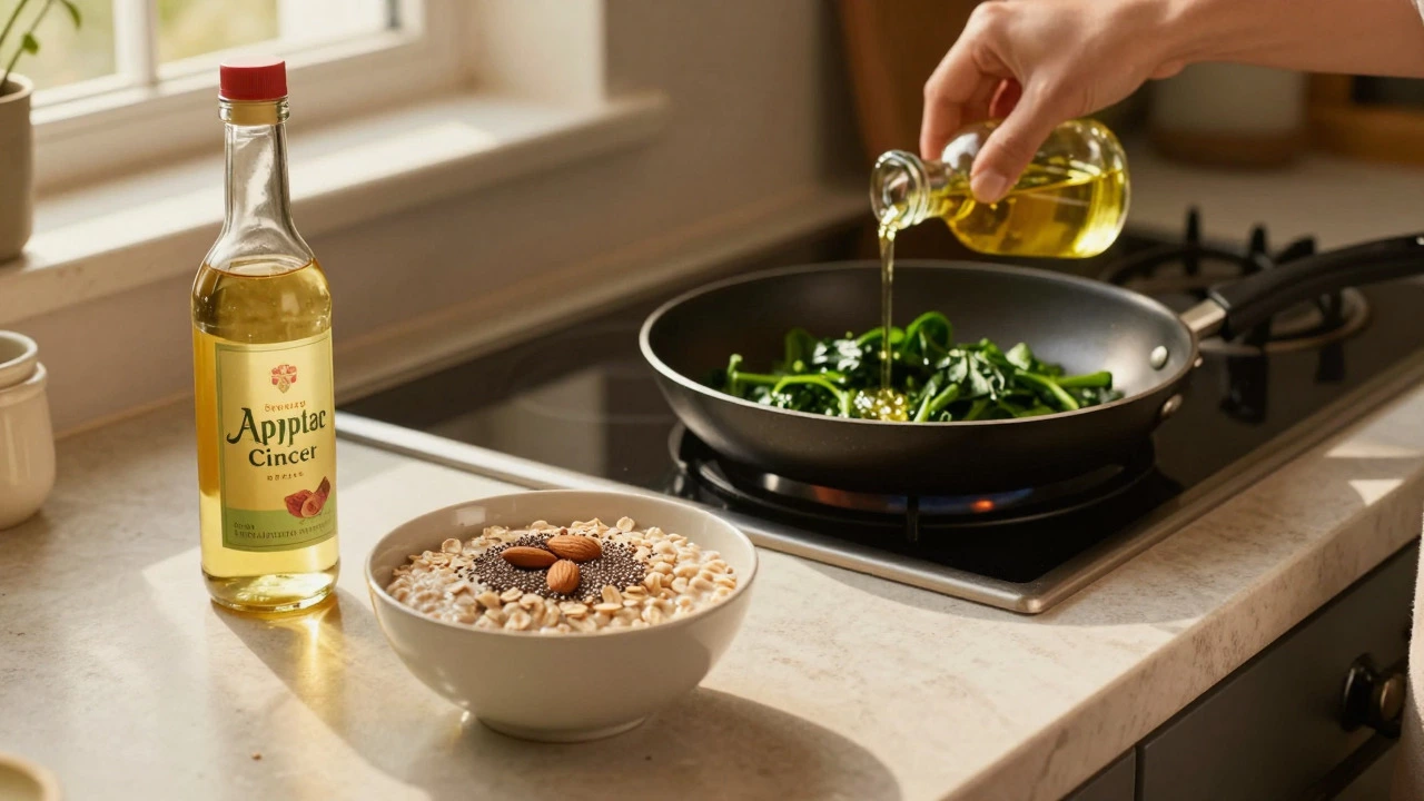 Kitchen scene with vinegar, oats, and healthy cooking oils