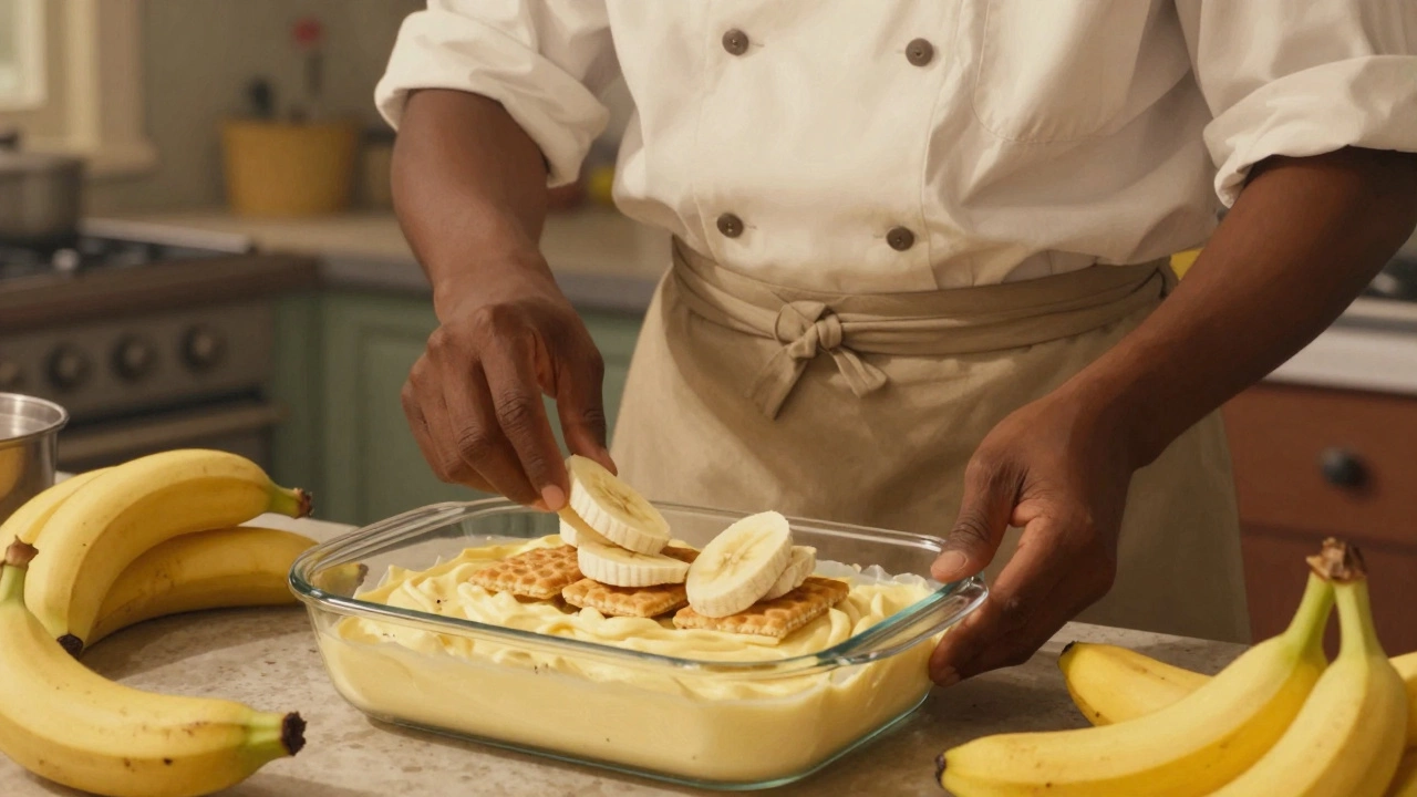 Layering bananas and custard for banana pudding in a 1930s kitchen