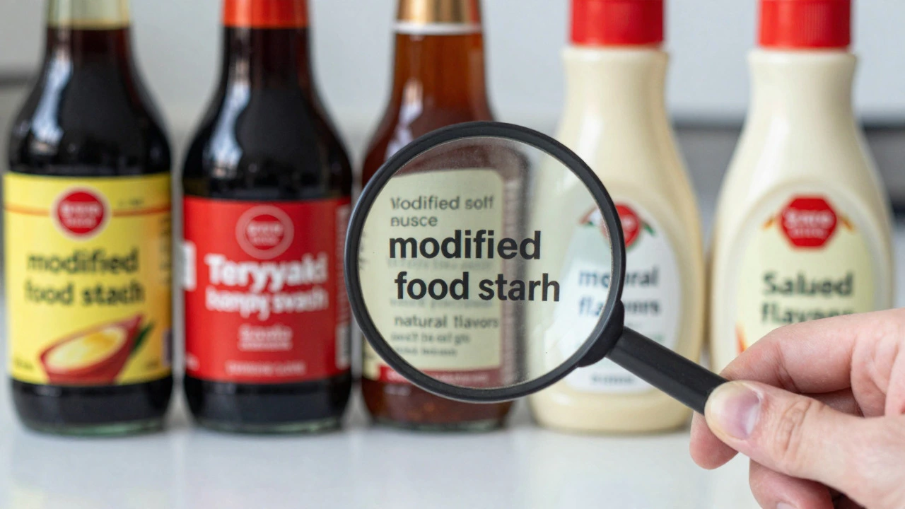 Magnifying glass inspecting sauce bottle labels for hidden gluten