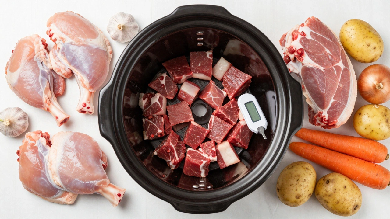 Raw meats and vegetables arranged around a slow cooker