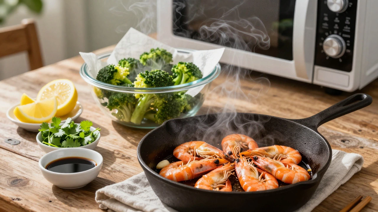 Sizzling skillet, steaming broccoli, and fresh herbs for quick meals