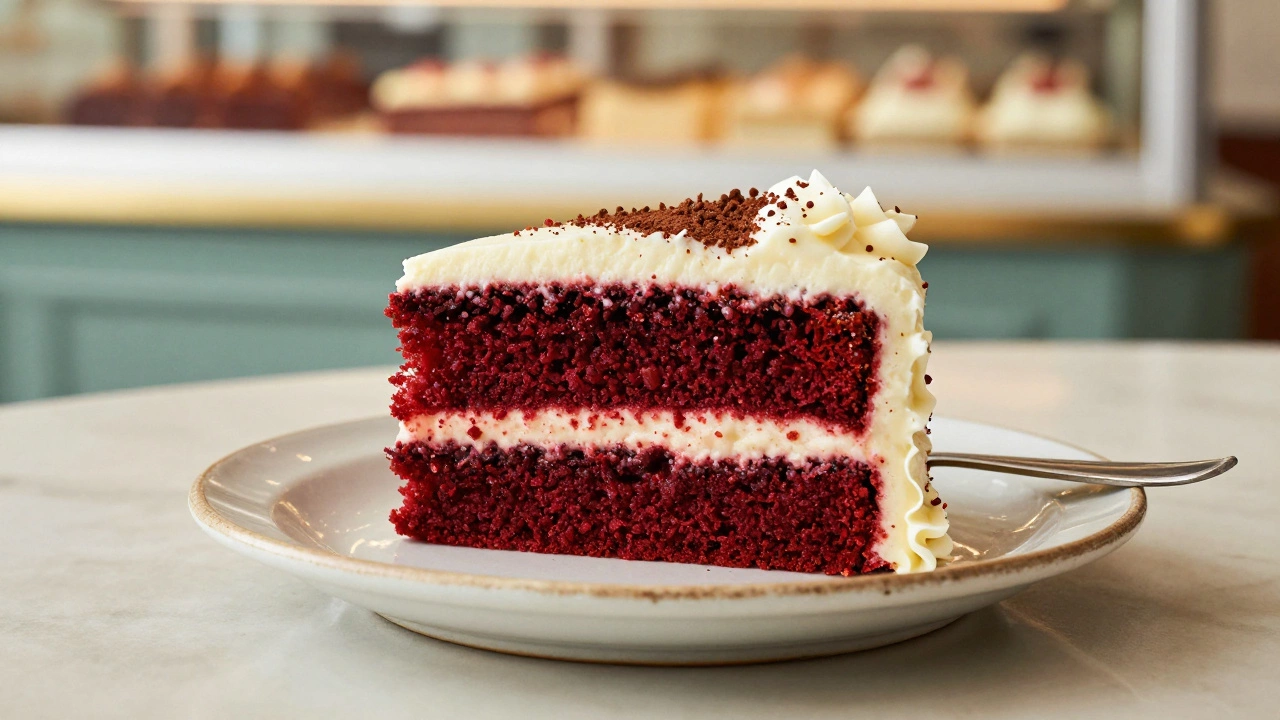 Slice of red velvet cake with cream cheese frosting on a vintage plate