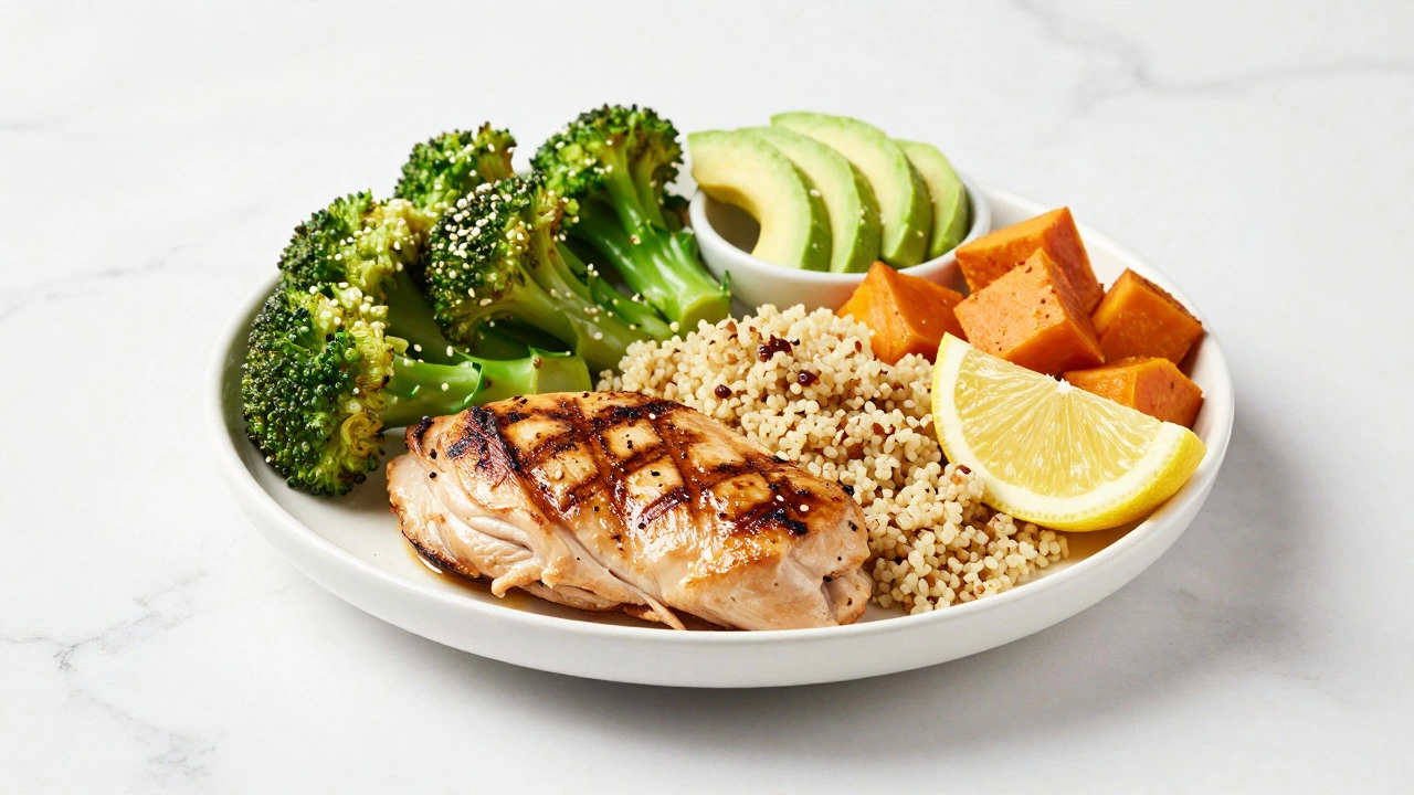 Balanced plate with grilled chicken, quinoa, and roasted broccoli