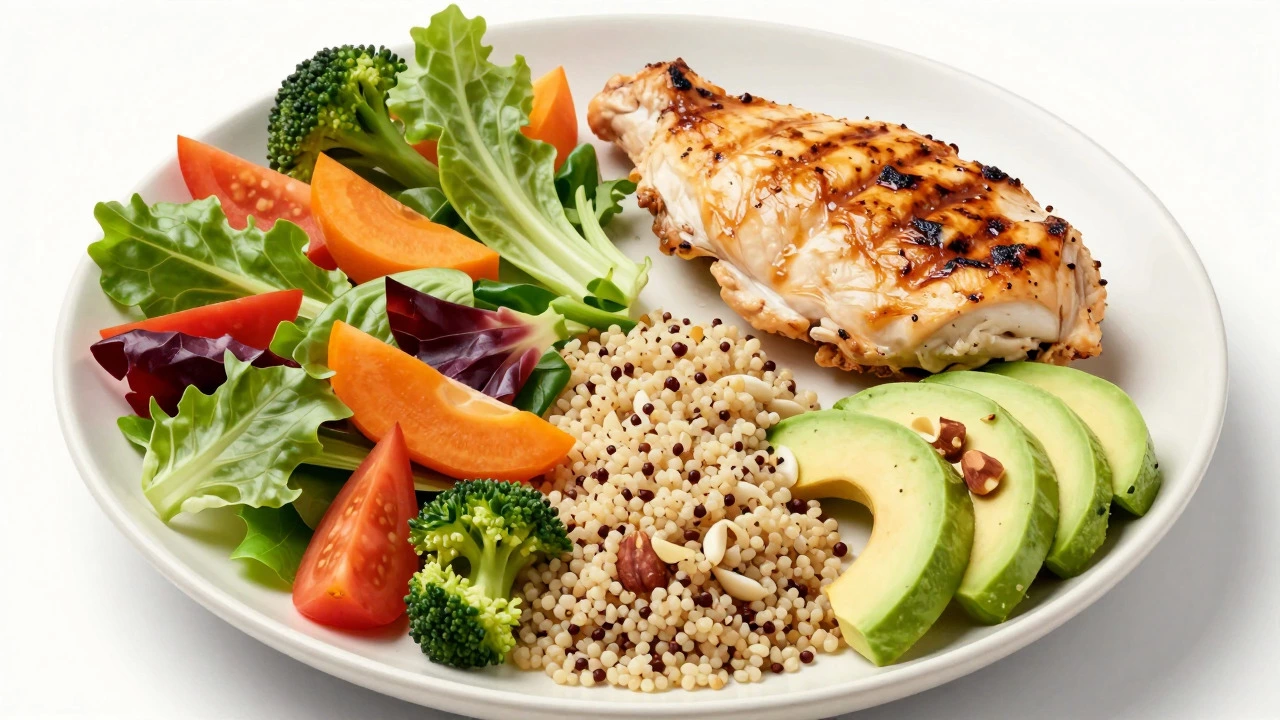 Balanced plate with vegetables, protein, carbs, and fats