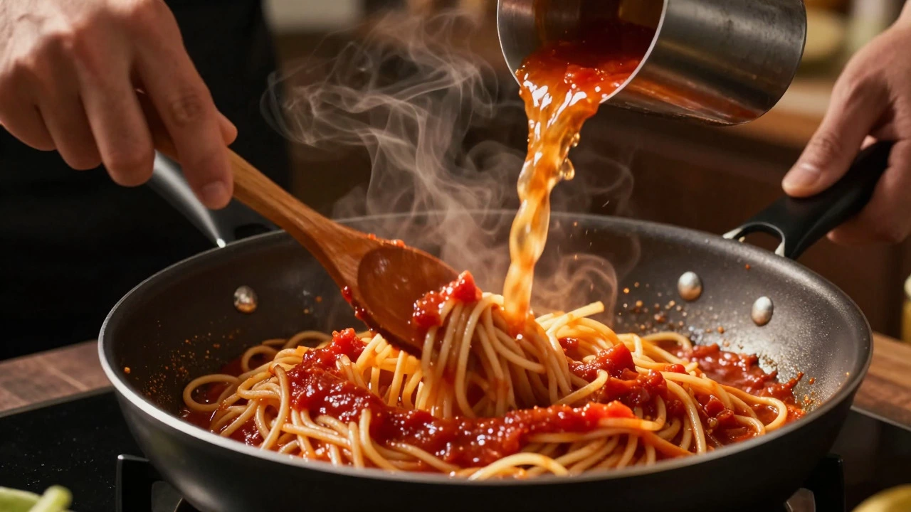 Chef adding starchy pasta water to tomato sauce while tossing spaghetti in a pan