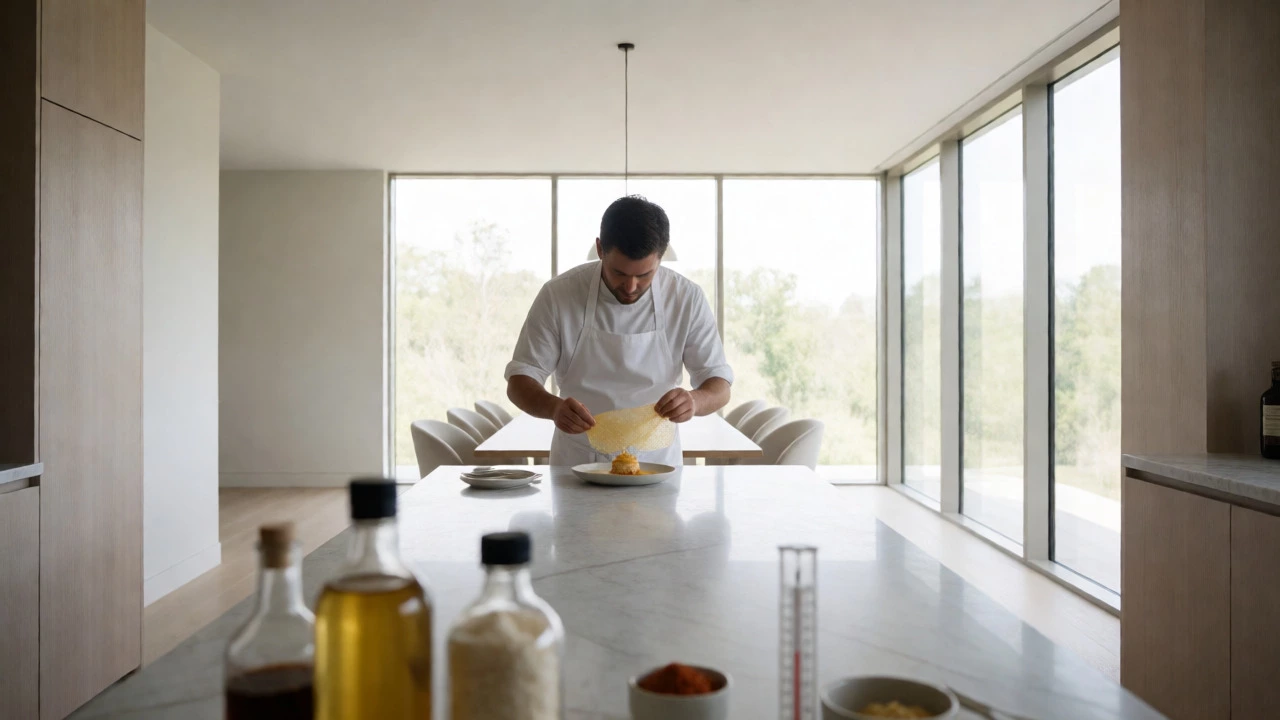 Chef placing a thin sugar glass sheet on a dessert in a bright kitchen