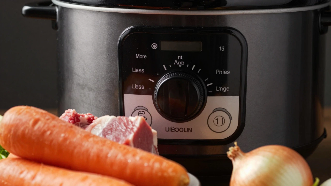 Close up of a slow cooker dial set to a precise heat level with fresh ingredients nearby