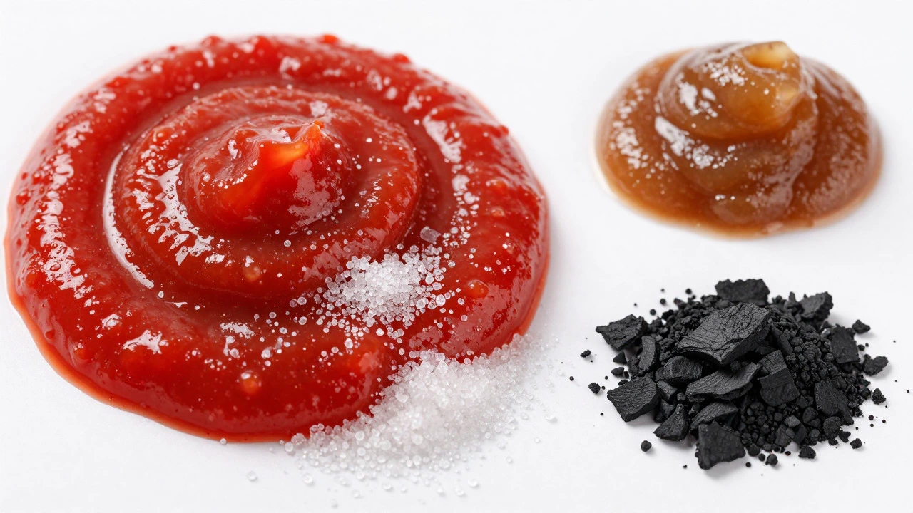 Close up of ketchup, sugar crystals, and bone char fragments showing hidden ingredients