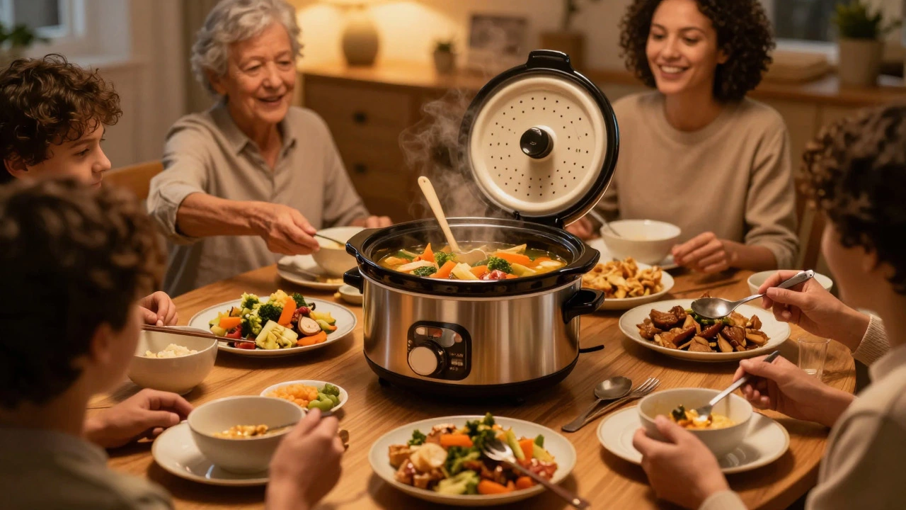 Family sharing a meal prepared in a slow cooker at a warmly lit dining table