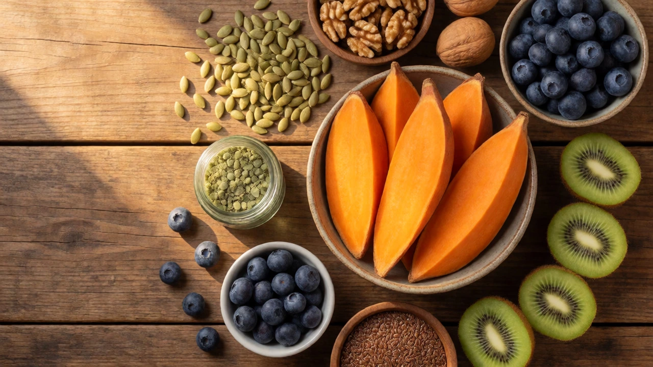 Flat lay of vegan superfoods like nuts, seeds, and berries
