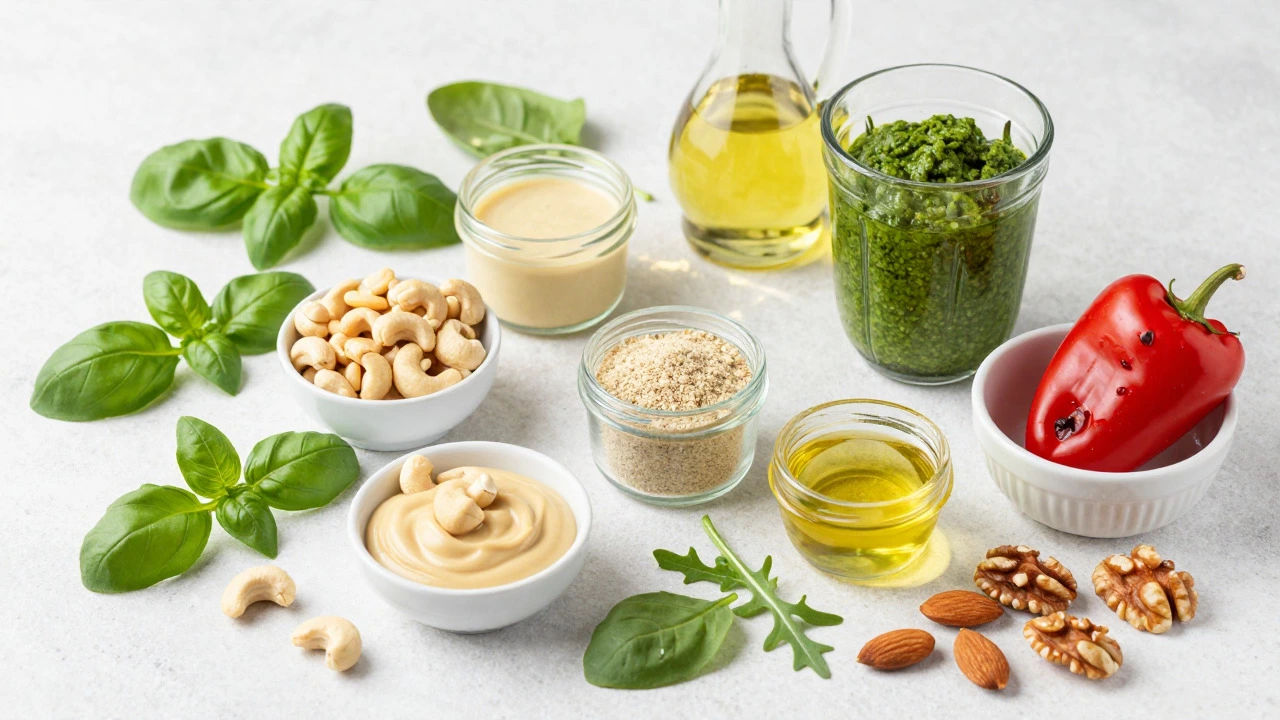 Fresh herbs, nuts, and vegan sauce ingredients on table