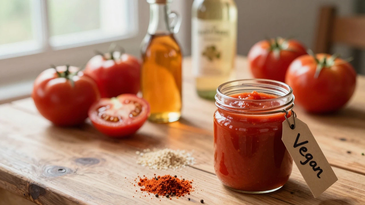 Fresh ingredients for homemade vegan ketchup on a sunny wooden table