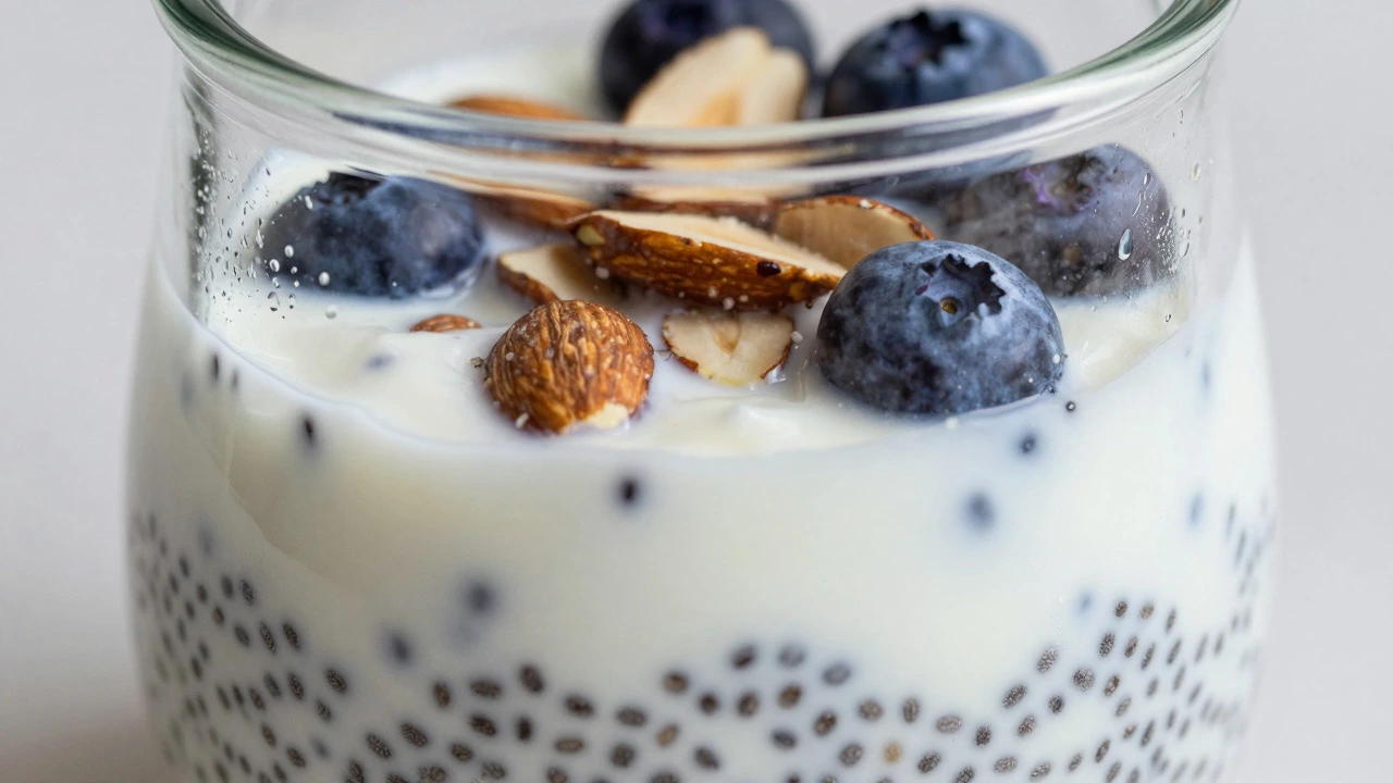 Glass jar of chia seed pudding with Greek yogurt and berries