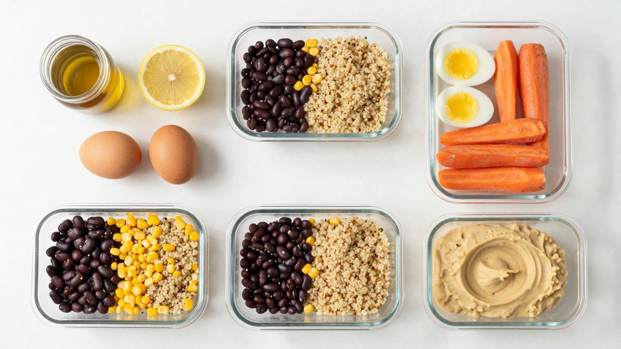 Glass meal prep containers with quinoa, beans, and veggies