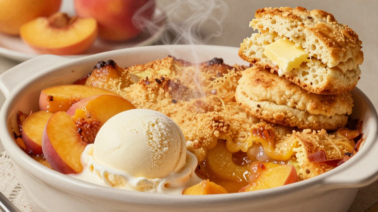 Golden peach cobbler with ice cream and a stack of flaky biscuits