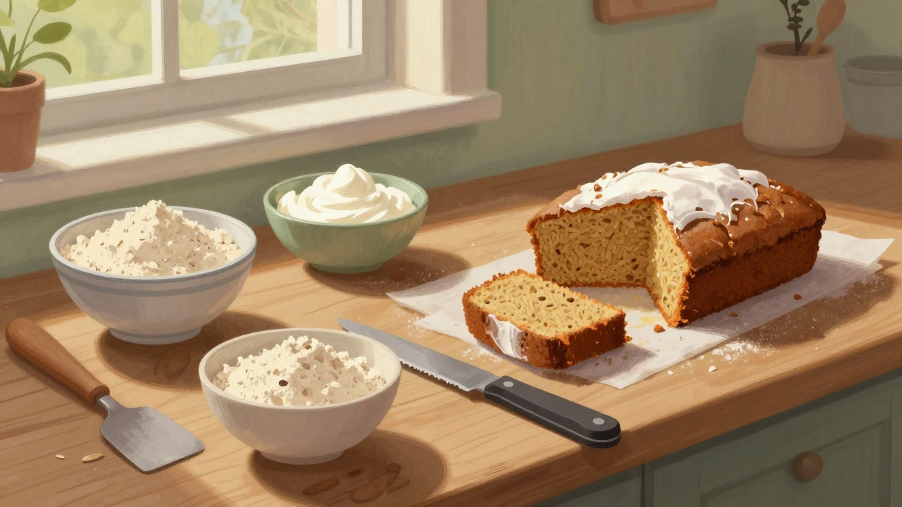 Home baking scene with sustainable ingredients and gluten-free vegan cake preparation