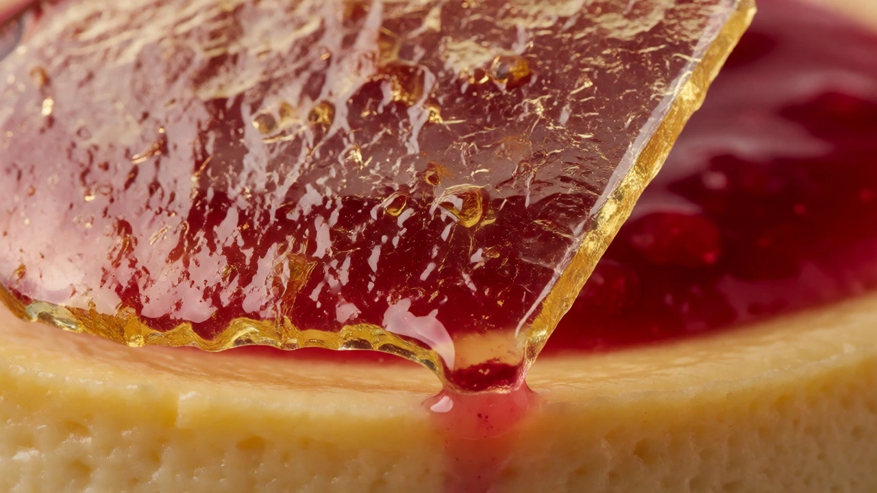 Macro view of warm fruit sauce starting to melt an amber isomalt sugar sheet