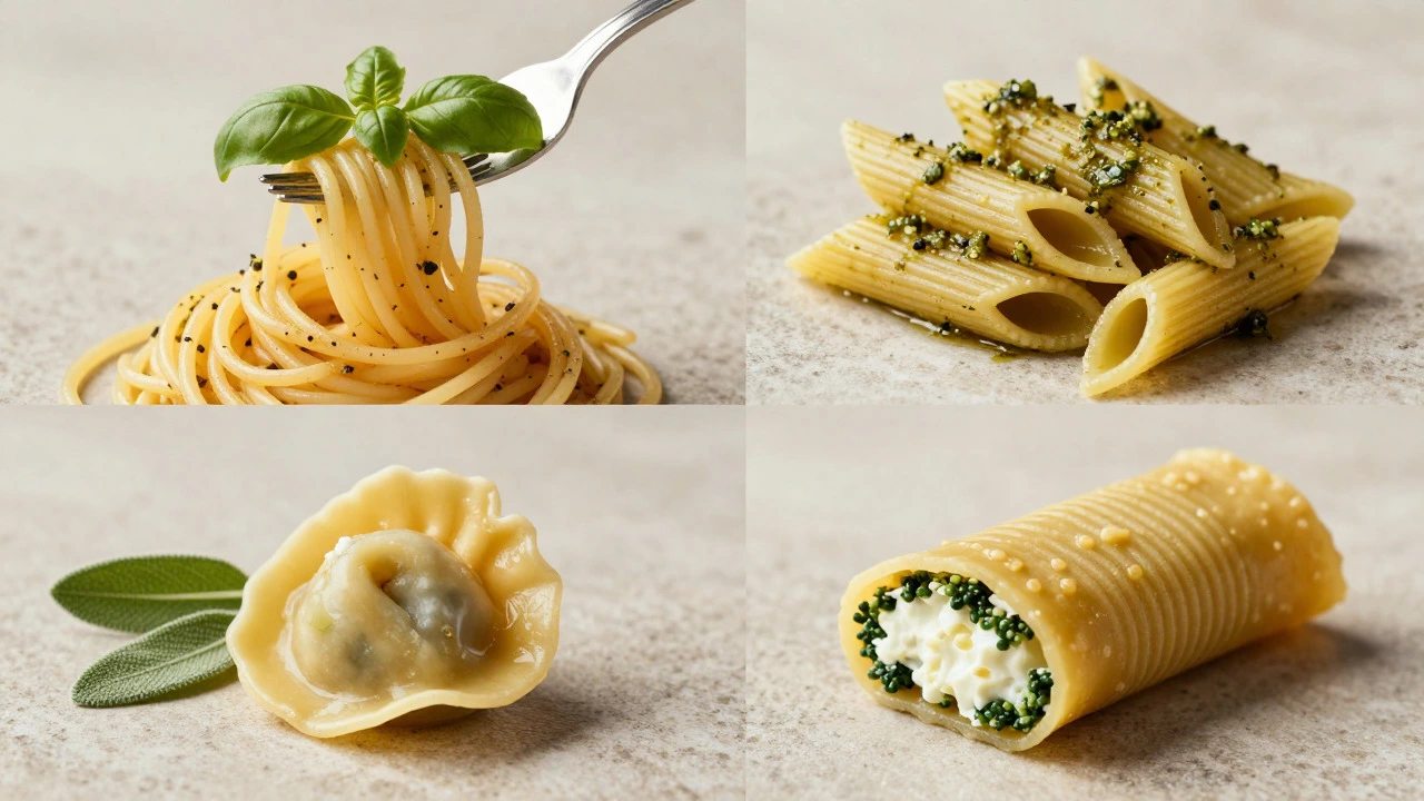 Overhead arrangement of four types of pasta including spaghetti, penne, tortellini, and cannelloni