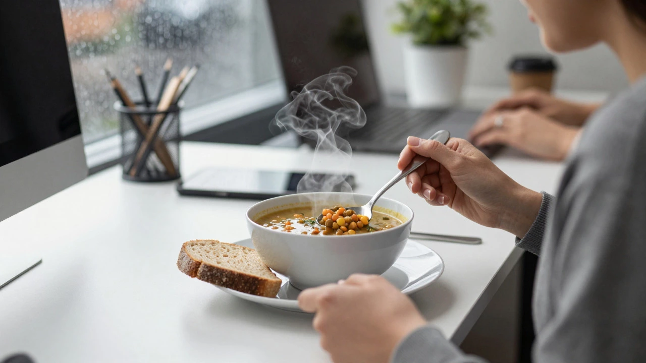Person eating lentil soup at an office desk on a rainy day