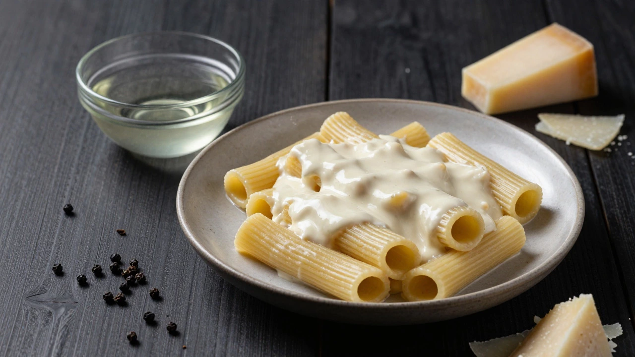 Plate of Cacio e Pepe with a side bowl of reserved cloudy pasta water