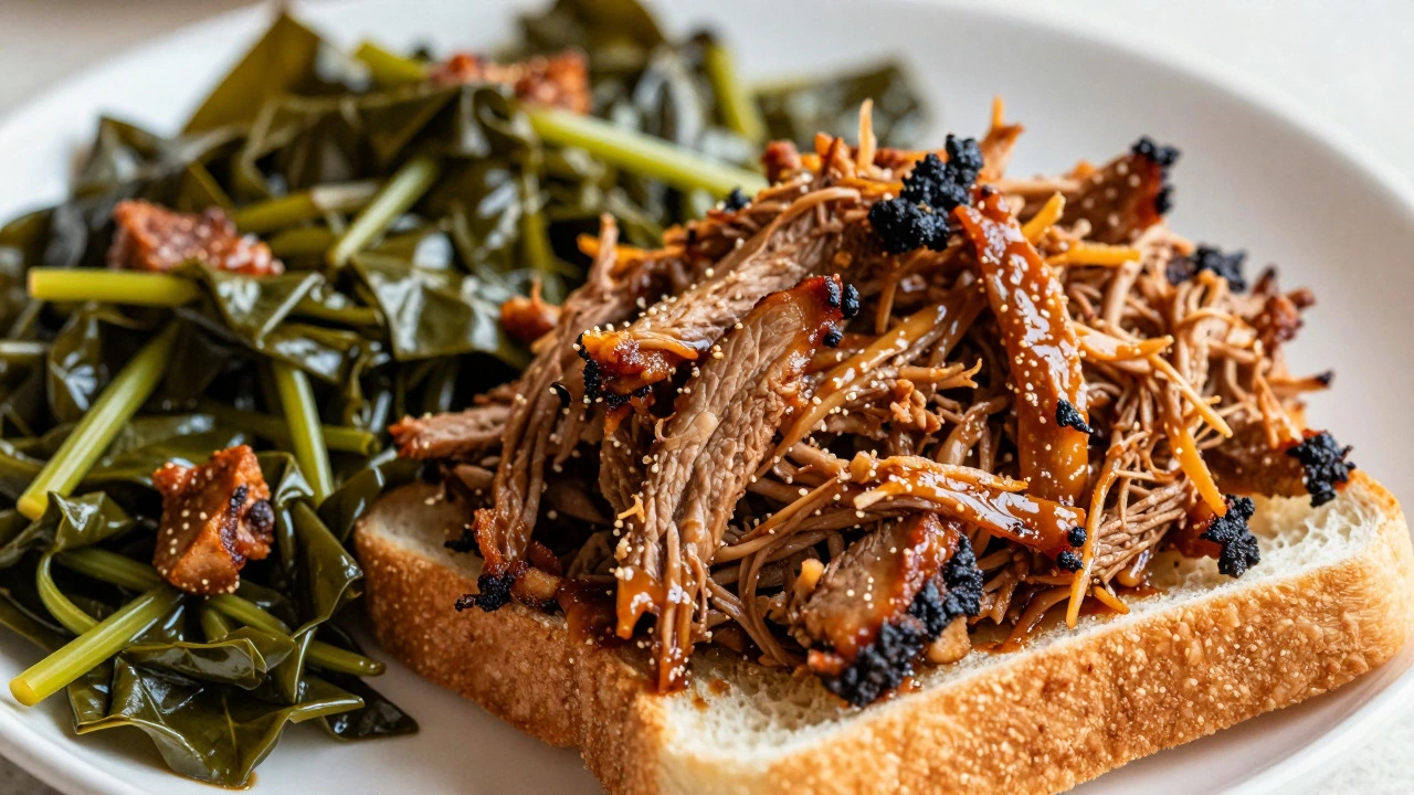 Shredded pulled pork on bread next to a serving of braised collard greens