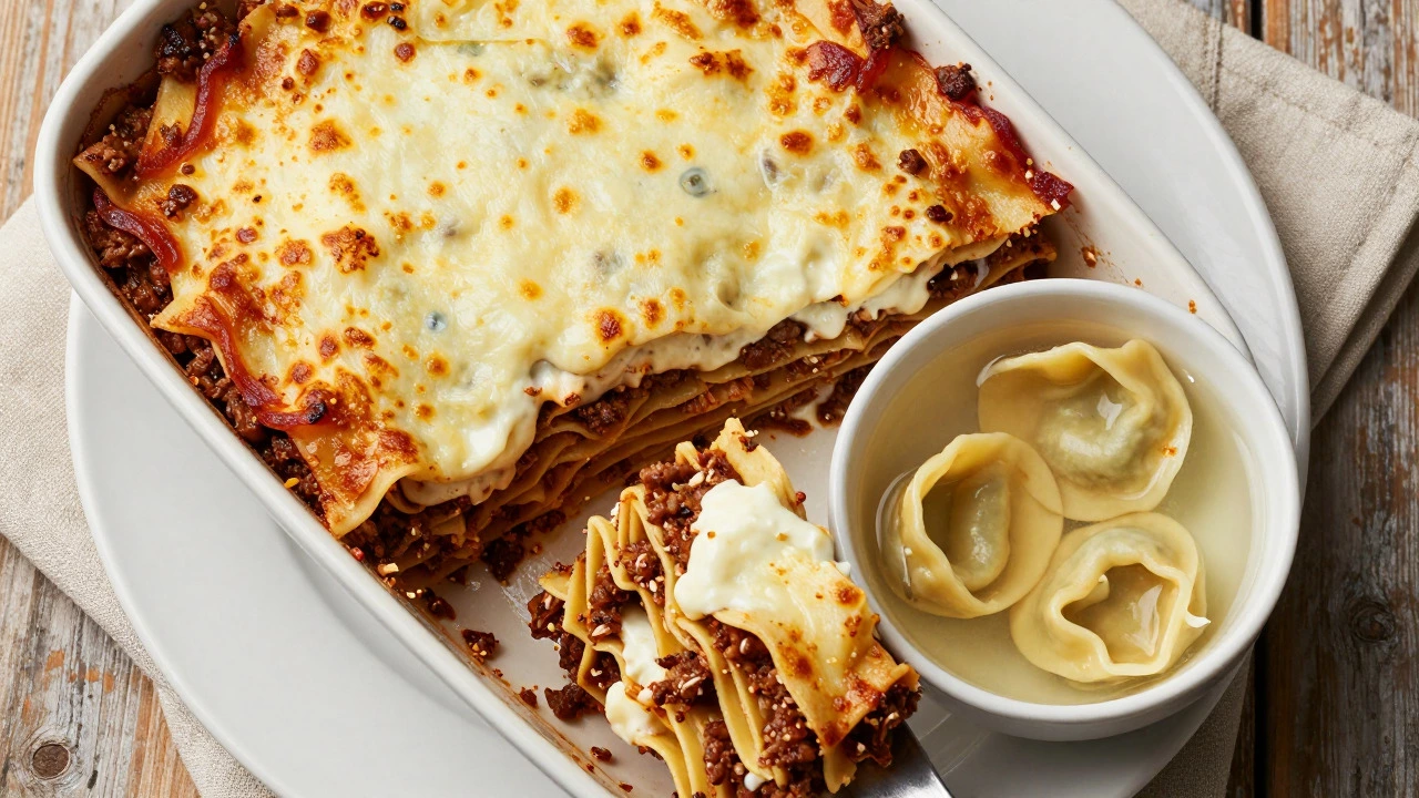 Slice of layered lasagna and a bowl of tortellini in broth on a wooden table
