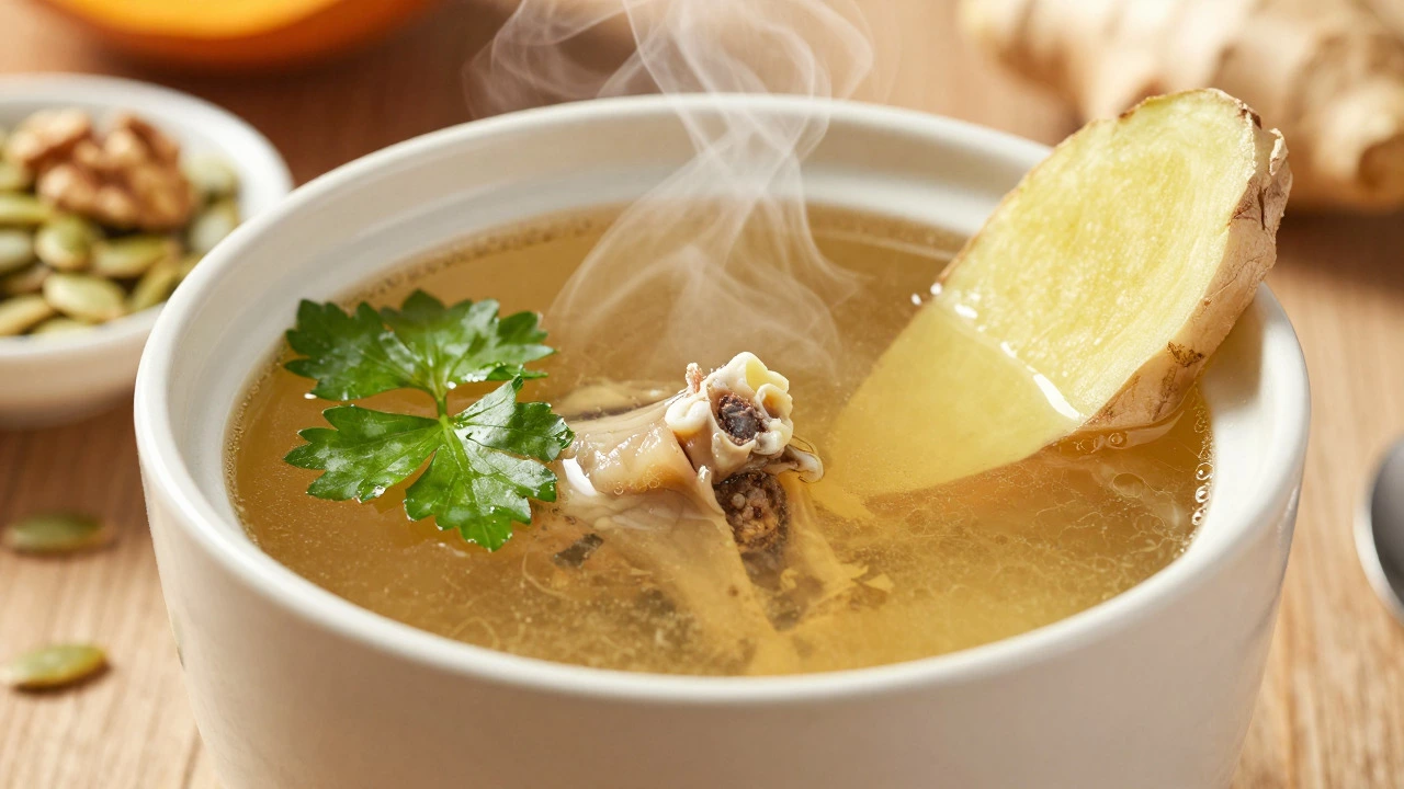 Steaming bowl of bone broth garnished with parsley and ginger