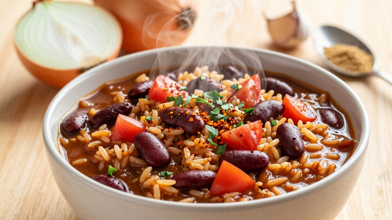 Steaming bowl of rice and bean chili garnished with herbs and spices