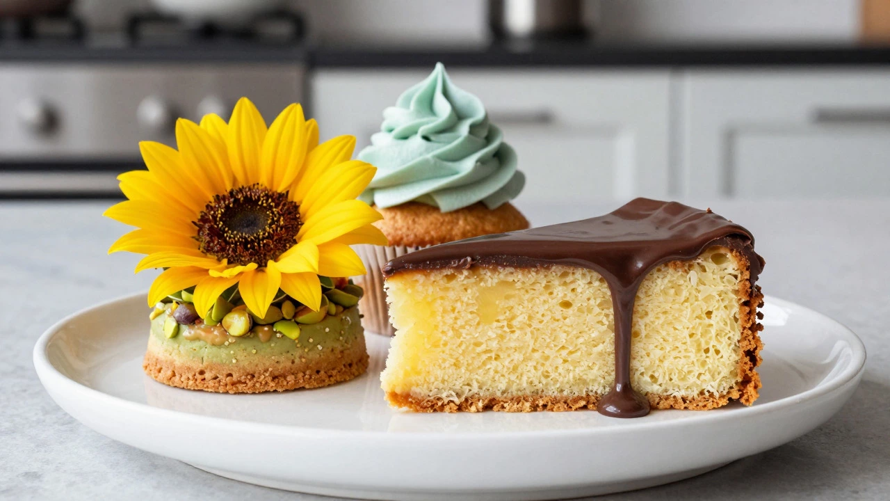 Vibrant dessert spread with lemon cake, edible flowers, and chocolate drip effect