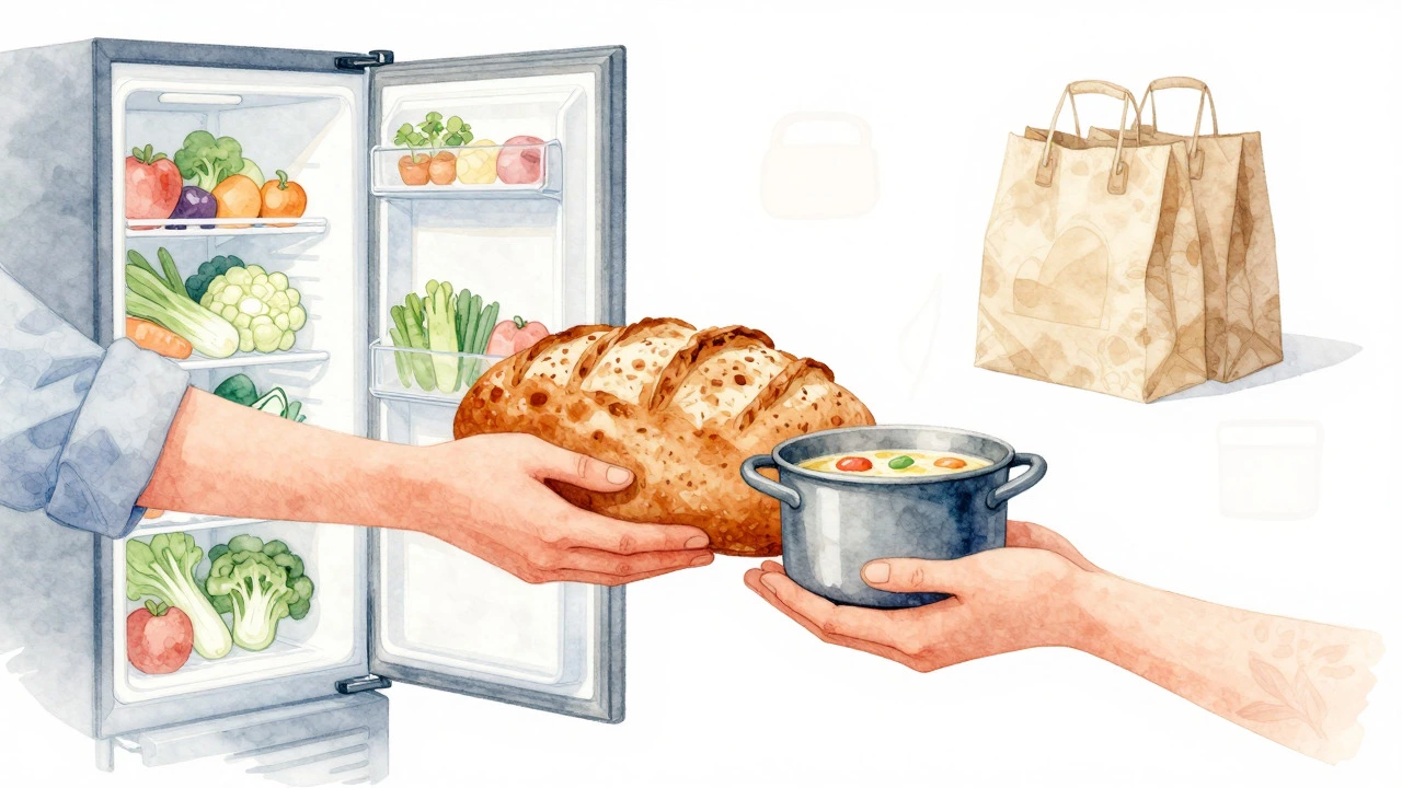 Watercolor illustration of hands exchanging bread and soup, symbolizing community support
