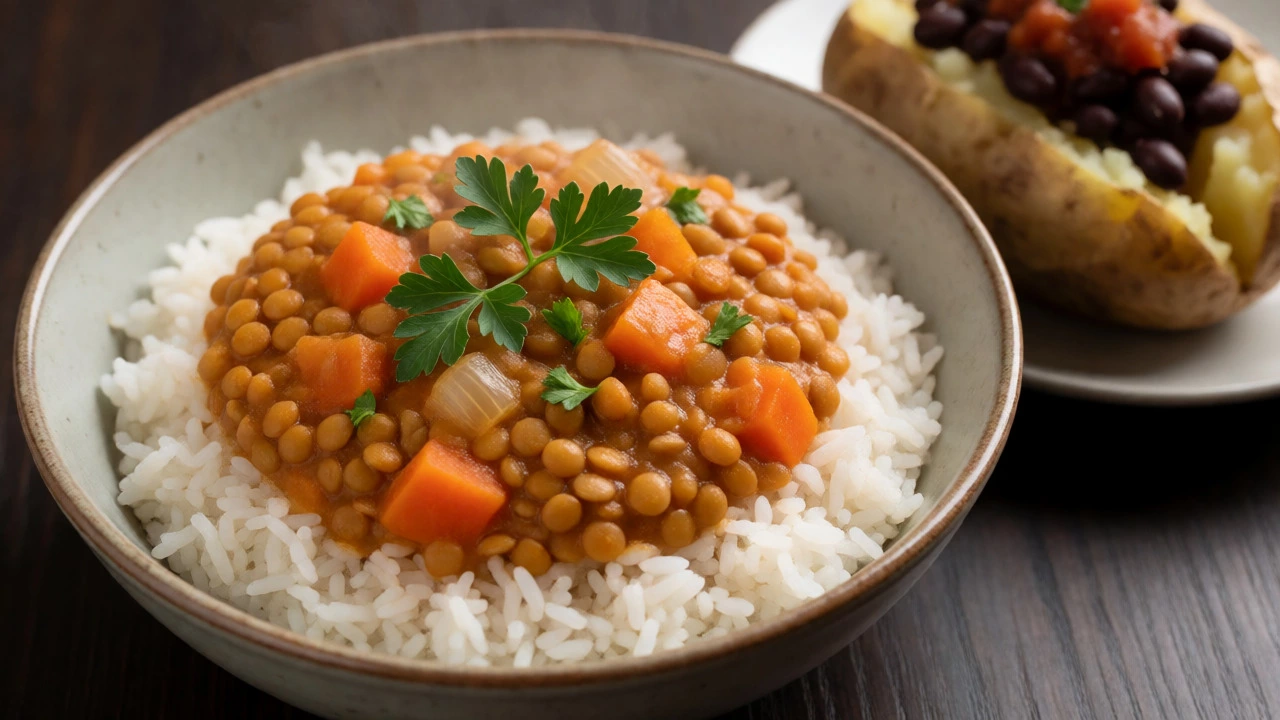 A bowl of lentil stew served over rice next to a loaded baked potato
