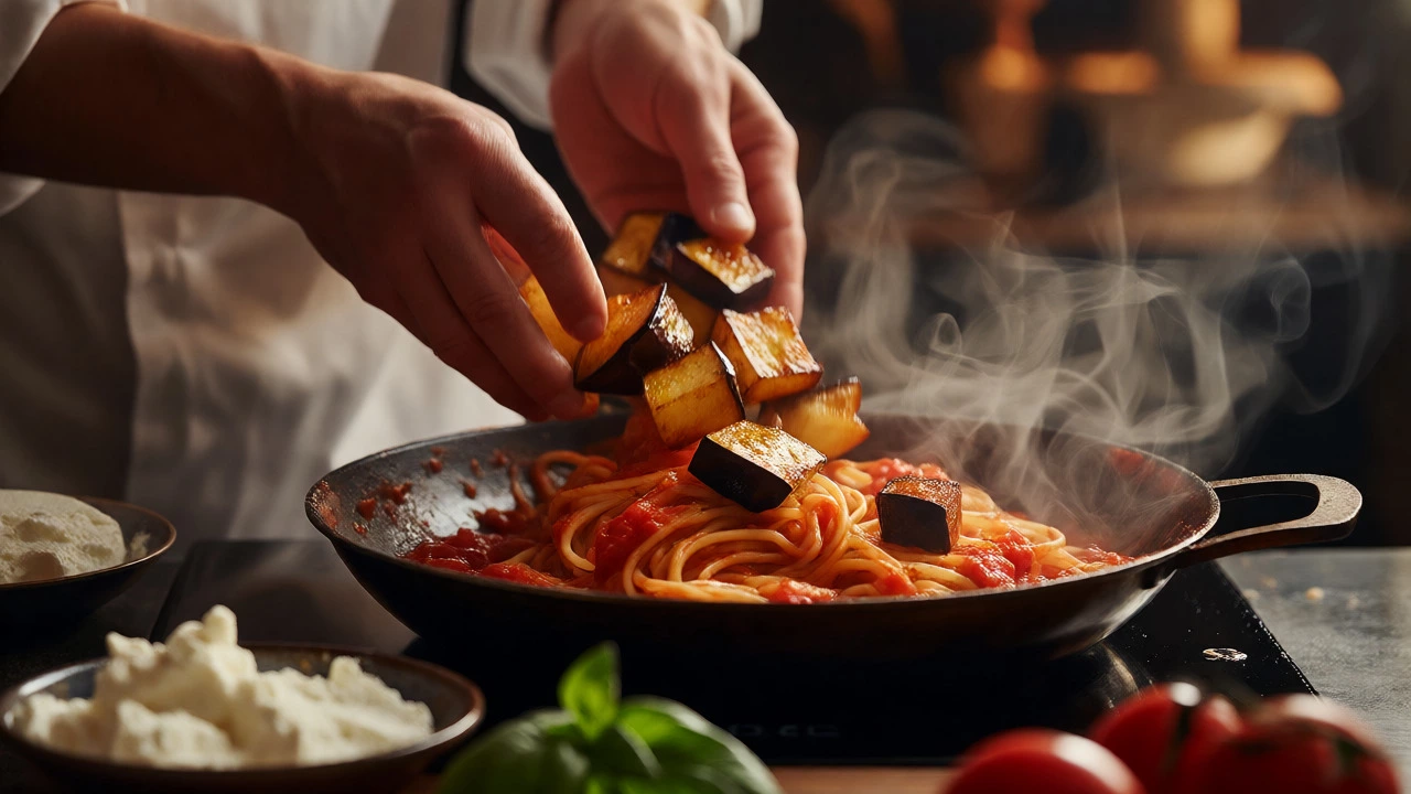 Chef tossing golden fried eggplant and tomato sauce in a hot pan.