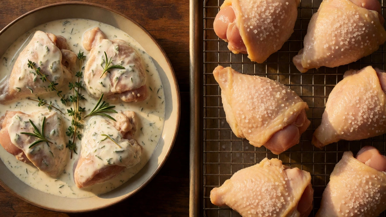 Comparison of chicken in buttermilk marinade and dry-brined with salt
