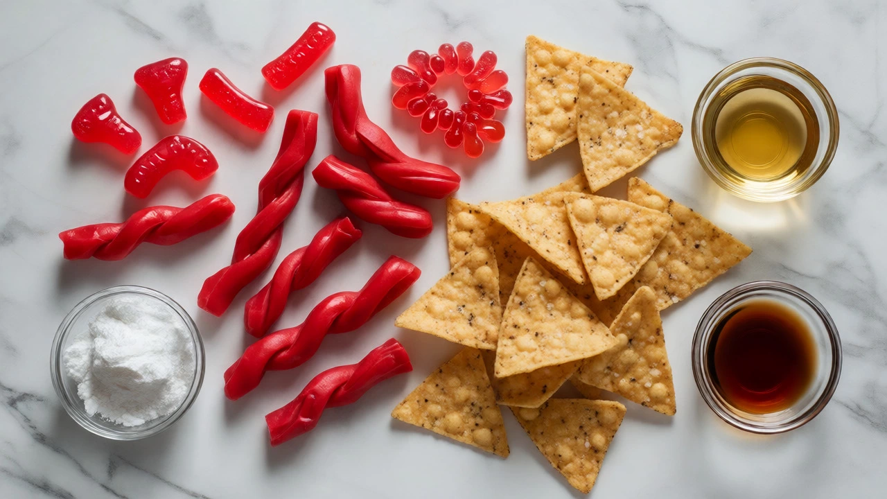 Flat lay of vegan candies and chips with raw ingredients