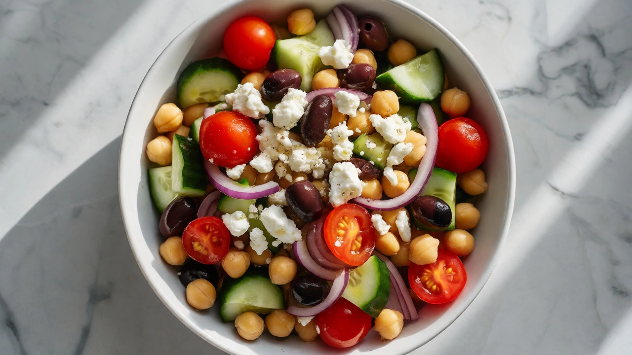 Fresh Mediterranean chickpea salad with feta, olives, and vegetables in a white bowl.