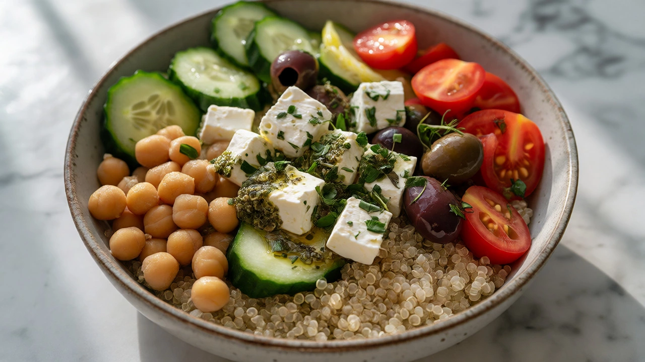 Fresh Mediterranean quinoa power bowl with chickpeas and feta.