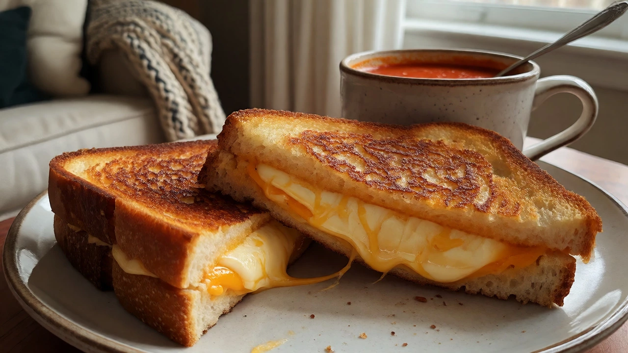 Golden grilled cheese sandwich next to a mug of tomato soup