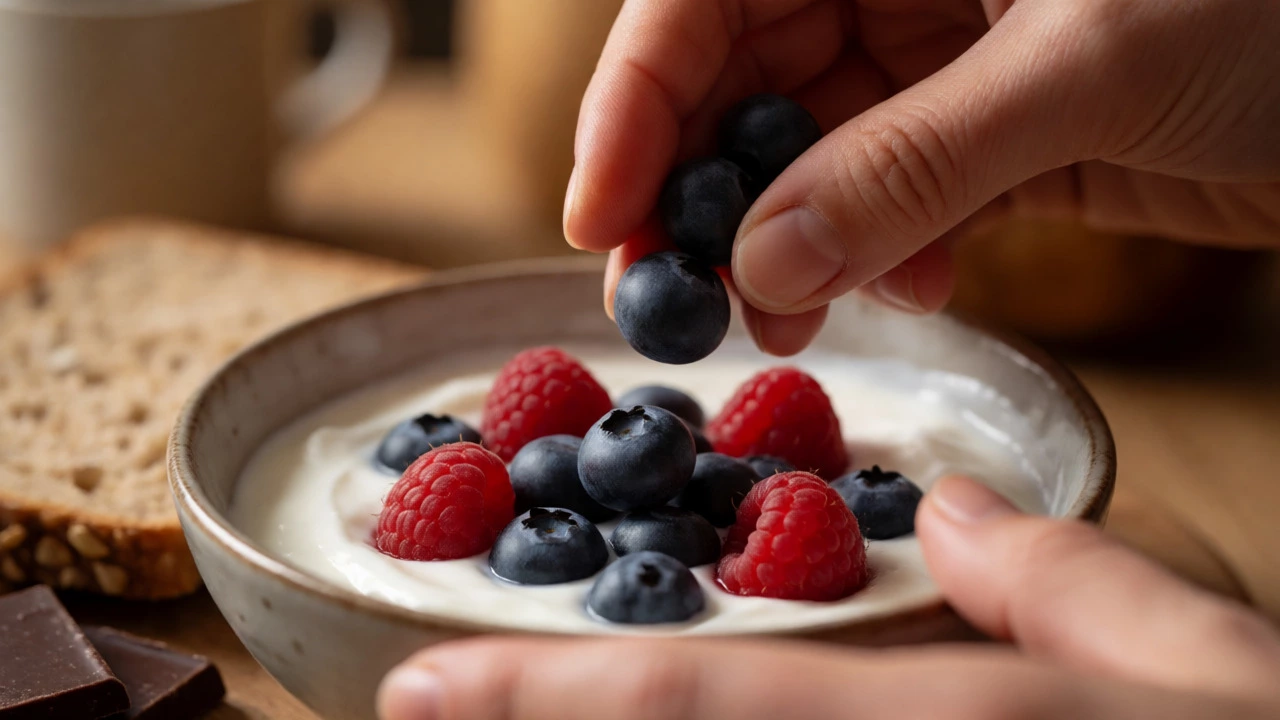 Hands adding fresh berries to Greek yogurt bowl