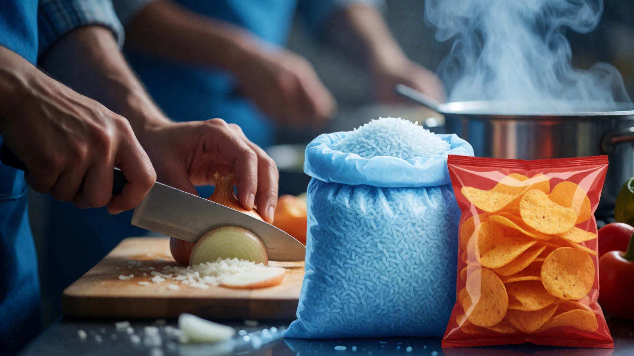 Hands chopping an onion with a comparison between bulk rice and snack chips