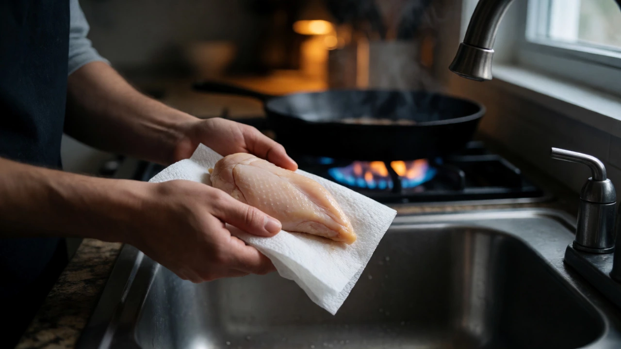 Hands patting brined chicken dry before searing in a hot skillet