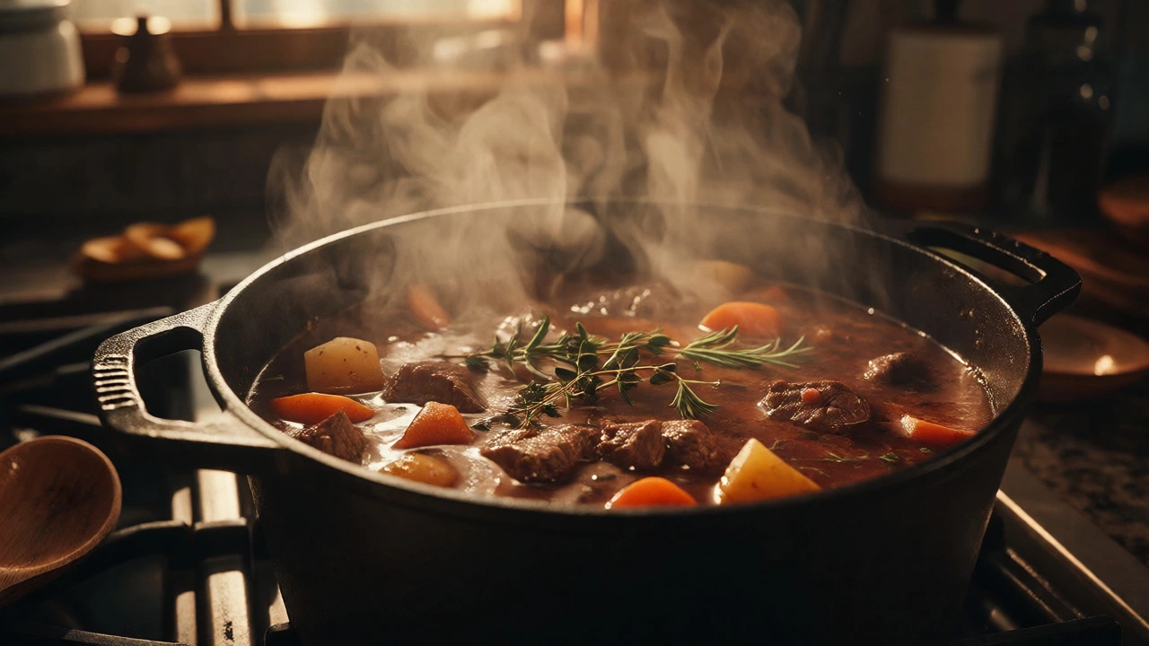 Hearty beef stew simmering in a cast-iron pot with rising steam