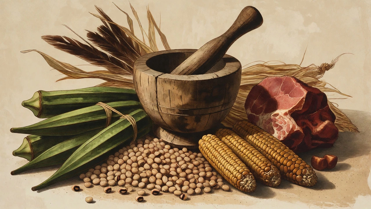 Historical ingredients like okra, corn, and pork arranged artistically