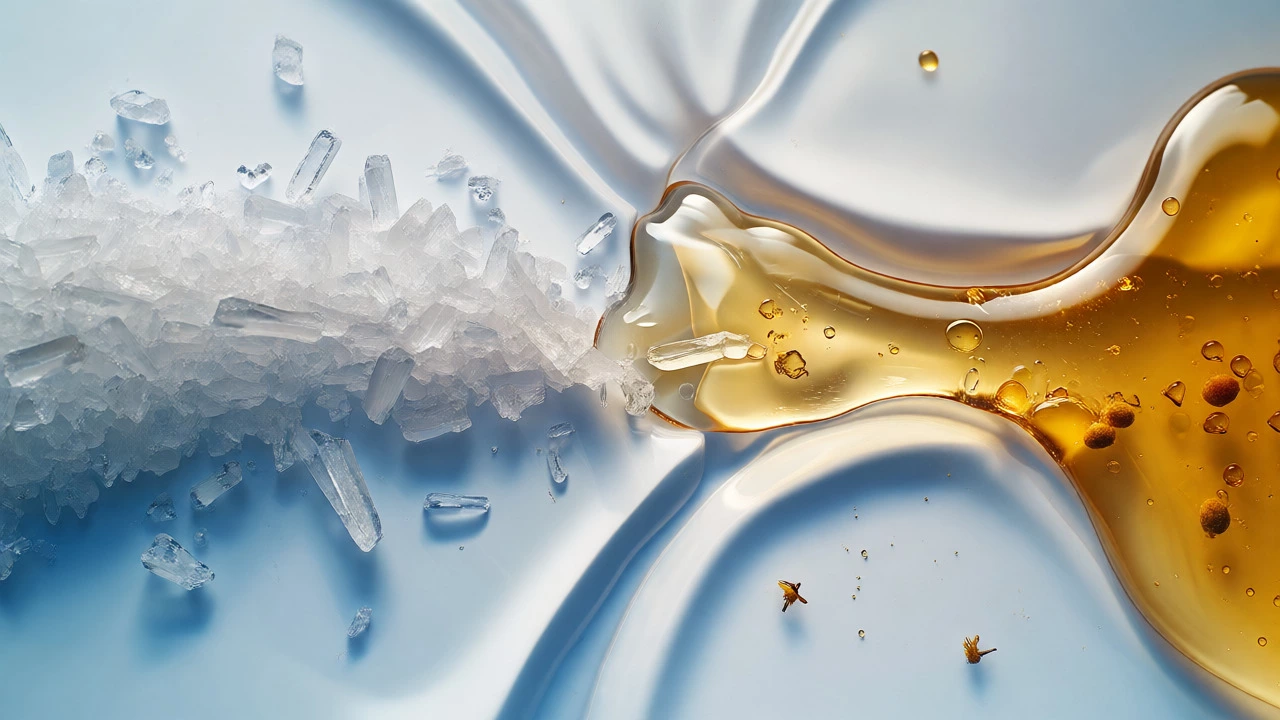 Macro visual comparing rapid dissolving white sugar against slow-flowing golden honey.