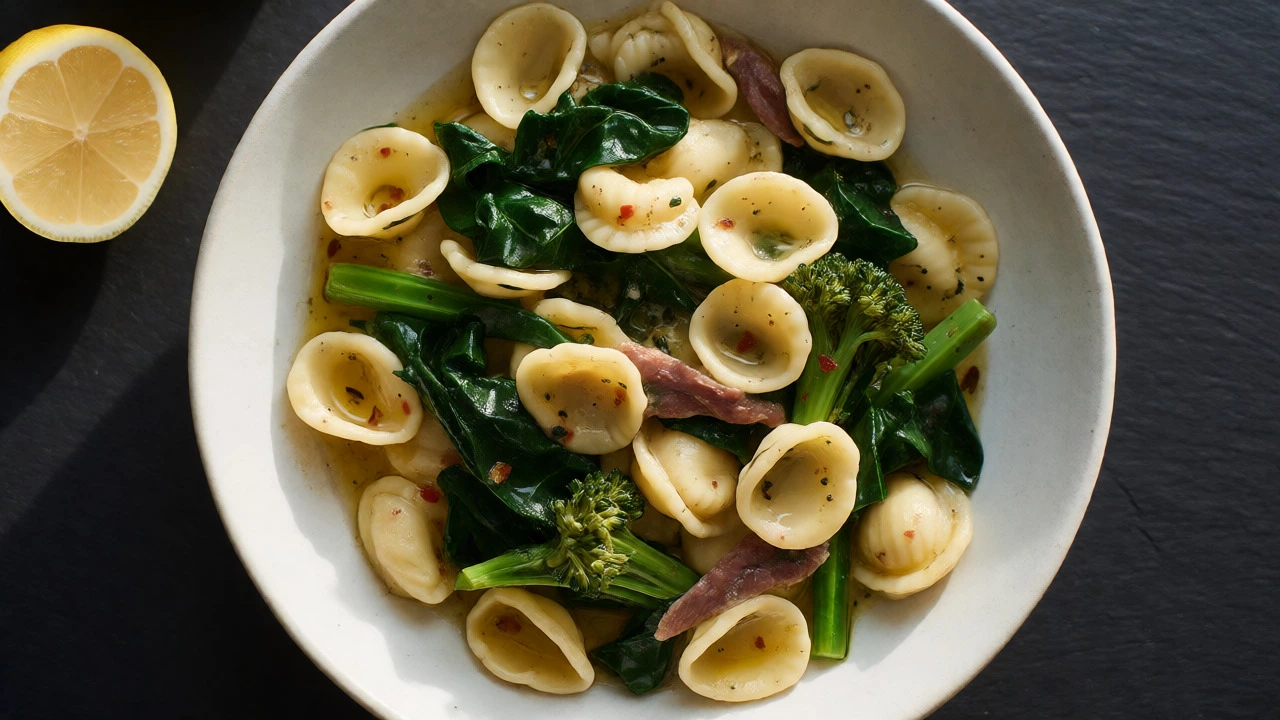 Orecchiette pasta with broccoli rabe, anchovies, and chili flakes in a white bowl.