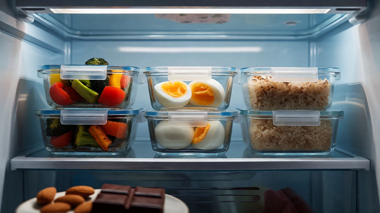 Organized glass meal prep containers in a refrigerator.